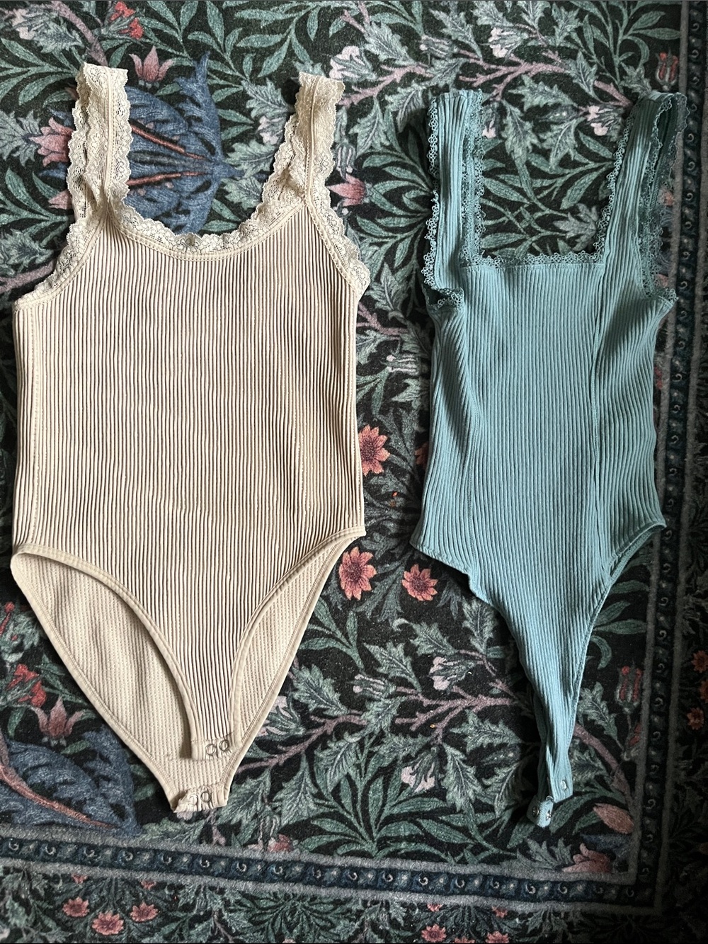 Forever 21 Cream and Teal Ribbed Lace Trim Bodysuits